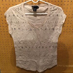 Attention Tan Beige Beaded Rhinestone Shirt Top